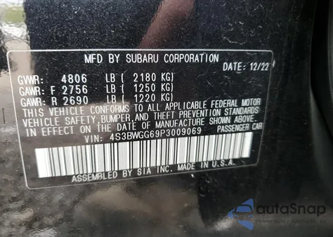 2023 Subaru Legacy Sport из США, поврежденный, VIN 4S3BWGG69P3009069